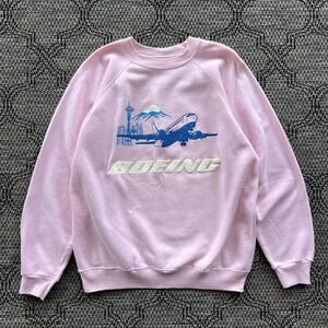 Vintage Boeing Sweatshirt Men's Large Pink Crewneck Hanes Puff Print Raglan 80s